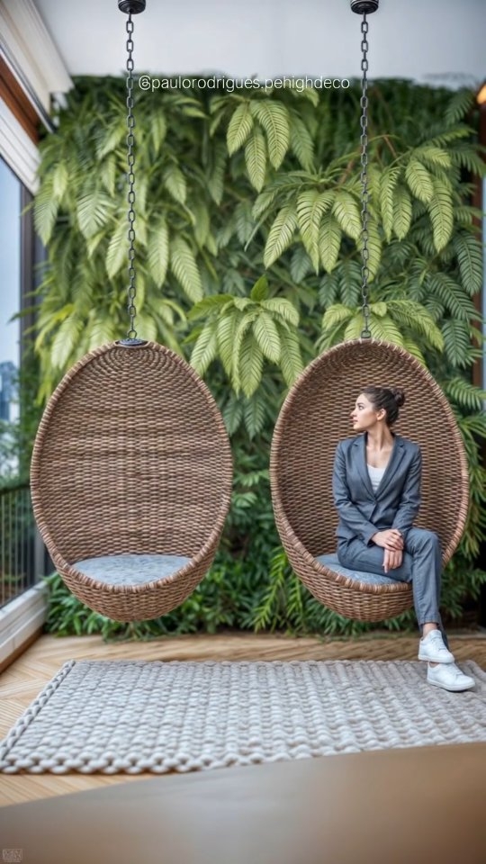 Ambiente Alpha Vita com cadeiras suspensas e parede de vegetação.