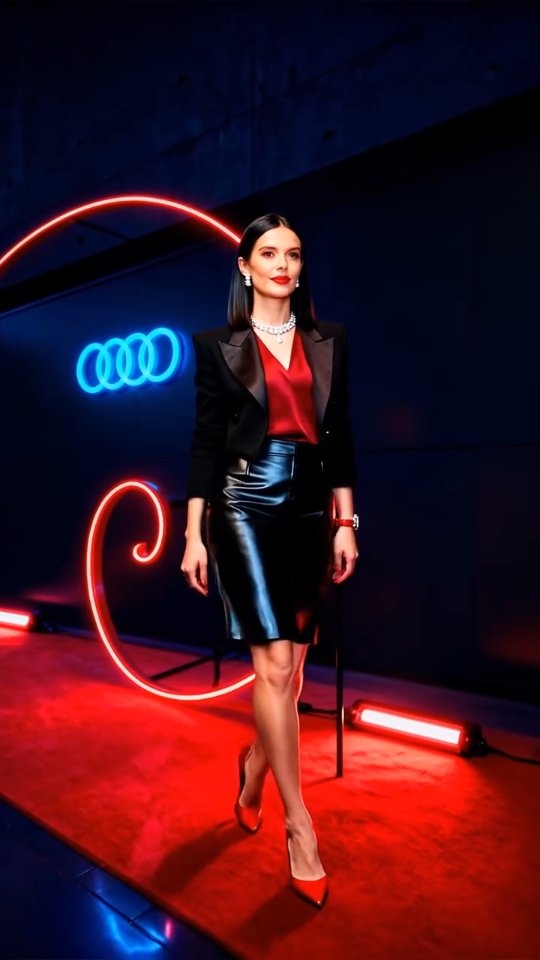 Cenografia Audi com curvas de luz vermelha e azul e presença humana.