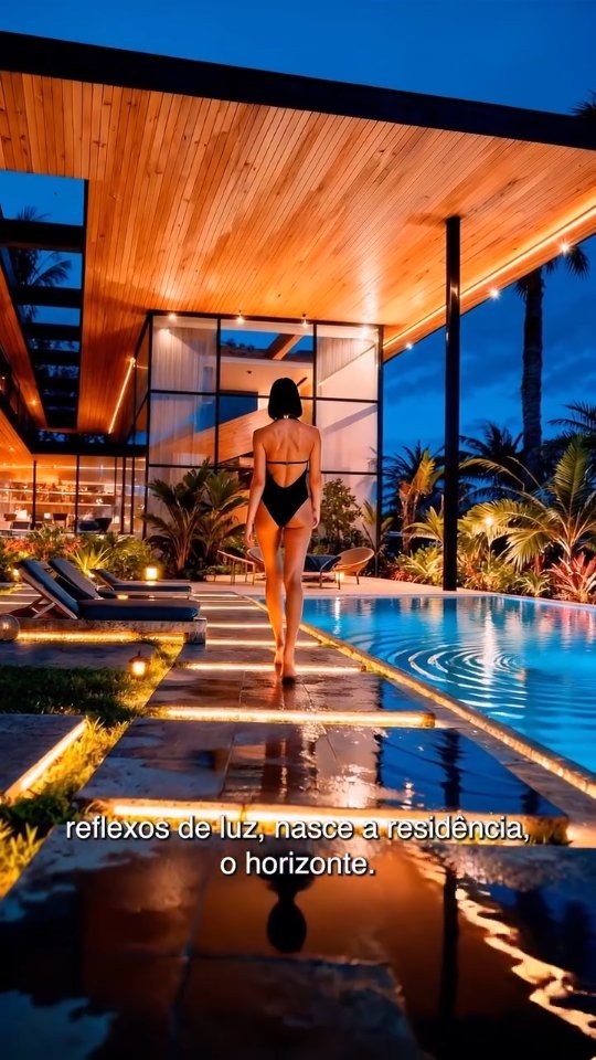 Residência com cobertura em madeira, piscina e integração com o exterior ao entardecer.