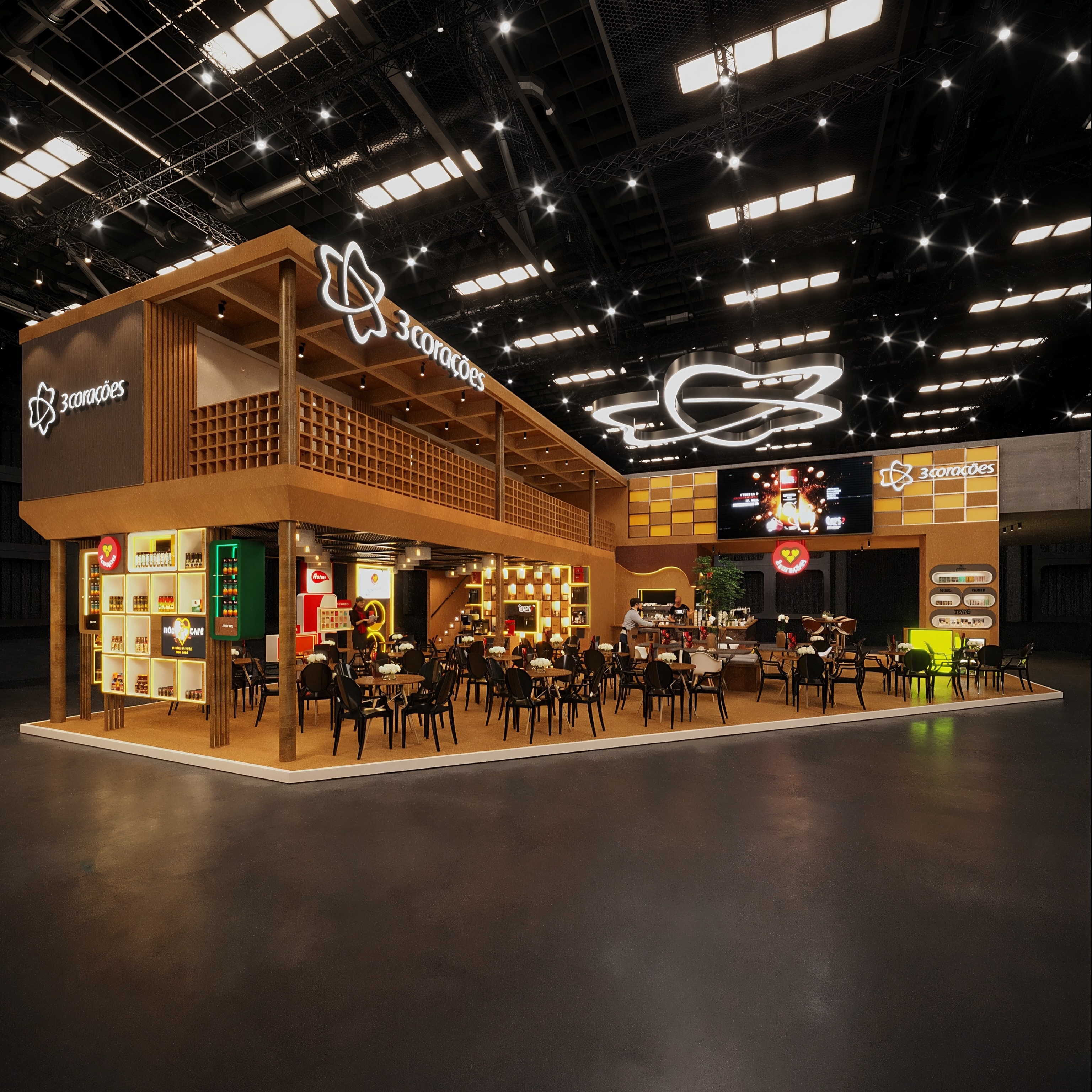 Estande Três Corações com estrutura em madeira, espaços de encontro e exposição de produtos.